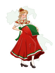 1girl absurdres apron bad_id black_shoes blush dress food green_apron hand_on_own_back hand_on_own_stomach highres italia_turrita italian_clothes italian_flag italy miss_italy non-web_source original pasta pizza plus1b pregnant red_dress shoes solo spaghetti surprised