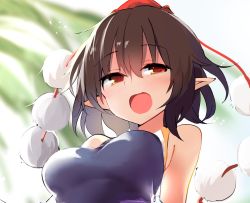 Rule 34 | 1girl, :o, bare shoulders, blue background, blurry, blurry background, blush, breasts, brown hair, commentary request, gradient background, hair between eyes, hat, kamukamu (ars), looking at viewer, medium breasts, open mouth, pointy ears, pom pom (clothes), red eyes, shameimaru aya, short hair, sidelocks, solo, tassel, tokin hat, touhou, upper body, white background