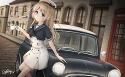 Rule 34 | 1girl, blonde hair, blue eyes, blue sailor collar, building, car, cup, dress, driftkingtw, dutch angle, flag, gloves, hat, highres, jervis (kancolle), kantai collection, long hair, looking at viewer, mini cooper, motor vehicle, right-hand drive, road, sailor collar, sailor dress, sailor hat, short sleeves, solo, street, teacup, union jack, white dress, white gloves, white hat