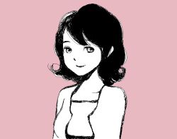 Rule 34 | 1girl, black hair, breasts, cardigan, curly hair, looking at viewer, monochrome, original, pink background, pink theme, shimura takako, short hair, smile, solo, upper body