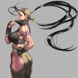 Rule 34 | 1girl, ass, bandaged arm, bandages, bandana, bare shoulders, black hair, breasts, brown eyes, clothing cutout, commentary request, covered erect nipples, from side, gloves, grey background, hand on own hip, ibuki (street fighter), japanese clothes, large breasts, long hair, looking at viewer, midriff, muscular, muscular female, ninja, pants, ponytail, pulled by self, removing mask, shu-mai, simple background, sleeveless, solo, street fighter, street fighter iii (series), thigh cutout, turtleneck, very long hair