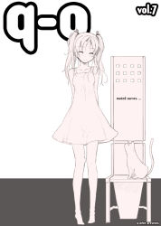 Rule 34 | 1girl, barefoot, cat, dress, monochrome, original, pink theme, refeia, sketch, smile, solo, sundress, twintails