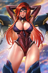 Rule 34 | 1girl, arms behind head, arms up, badcompzero, blush, breasts, gluteal fold, green eyes, gun goddess miss fortune, headband, highres, hip focus, large breasts, league of legends, lips, lipstick, long hair, makeup, red hair, miss fortune (league of legends), solo, swimsuit, thick thighs, thighs, very long hair