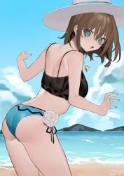 Rule 34 | 1girl, ass, back, beach, bebe (bebe pp), bikini, black bikini, blue bikini, blue sky, braid, breasts, brown hair, charlotte corday (fate), charlotte corday (swimsuit caster) (fate), charlotte corday (swimsuit caster) (first ascension) (fate), cloud, commentary request, day, ear piercing, fate/grand order, fate (series), fingernails, flower, green eyes, green nails, hair between eyes, hat, highres, jewelry, looking at viewer, medium breasts, mismatched bikini, mountain, nail polish, open mouth, outdoors, pendant, piercing, rose, sand, short hair, side braid, signature, sky, solo, sun hat, swimsuit, water, white flower, white hat, white rose