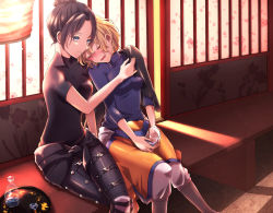 Rule 34 | 2girls, animification, apex legends, bench, black bodysuit, black hair, blonde hair, blue sweater, blush, bodysuit, breasts, closed eyes, crossed legs, cup, drinking glass, drunk, grey eyes, hair behind ear, hair bun, hand on another&#039;s shoulder, highres, holding, holding cup, lantern, leaning on person, looking down, medium breasts, multiple girls, open mouth, ribbed sweater, sa10yul, sakazuki, short hair, single hair bun, sitting, smile, sweater, wattson (apex legends), wraith (apex legends), yuri