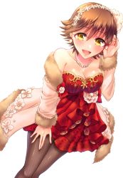 Rule 34 | 1girl, :d, black pantyhose, blush, breasts, brown hair, cleavage, collarbone, dress, dutch angle, earrings, fishnet pantyhose, fishnets, flower, hair between eyes, hair flower, hair ornament, hairband, hand on lap, honda mio, idolmaster, idolmaster cinderella girls, jewelry, layered dress, looking at viewer, medium breasts, necklace, open mouth, pantyhose, red dress, ryosesanzui, shiny skin, short hair, simple background, sleeveless, sleeveless dress, smile, snowflake hair ornament, solo, standing, strapless, strapless dress, white background, white flower, white hairband, yellow eyes