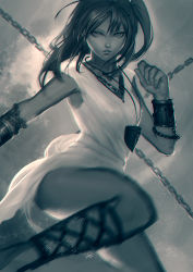 Rule 34 | 1girl, absurdres, action, ae-rie, arieaesu, bdsm, bracelet, chain, chromatic aberration, cross-laced clothes, cross-laced legwear, dress, frown, highres, jewelry, kicking, magi the labyrinth of magic, monochrome, morgiana, necklace, open mouth, realistic, short dress, short hair, side ponytail, solo, white dress
