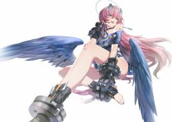 Rule 34 | 1girl, :d, barcode, barcode tattoo, bare shoulders, black gloves, blue eyes, cuffs, earrings, feathered wings, gloves, halo, jewelry, long hair, low wings, mechanical halo, miv4t, nail polish, open mouth, original, pink hair, shackles, sitting, smile, solo, stirrup legwear, tattoo, teeth, toeless legwear, upper teeth only, very long hair, white background, wings