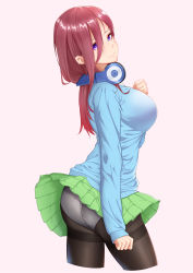 Rule 34 | 1girl, absurdres, ass, bbdaoa, black pantyhose, blue eyes, blue sweater, blush, breasts, brown hair, cameltoe, closed mouth, collared shirt, go-toubun no hanayome, green skirt, hair between eyes, headphones, headphones around neck, highres, large breasts, long hair, looking at viewer, miniskirt, nakano miku, panties, panties under pantyhose, pantyhose, pantyshot, pink background, pleated skirt, see-through, shirt, simple background, skirt, sleeves past wrists, smile, solo, standing, sweater, underwear