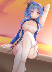 Rule 34 | 1girl, ahoge, arm up, azur lane, bare shoulders, blue hair, blush, breasts, cleavage, dress, elbow gloves, garter straps, gloves, hair between eyes, hair ornament, headgear, highres, large breasts, long hair, looking at viewer, nao (naobinarydigit), ocean, pink sky, purple eyes, ribbon, sidelocks, sitting, sky, smile, solo, st. louis (azur lane), sunset, thighhighs, white gloves, white thighhighs