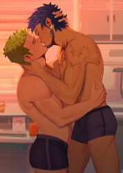 Rule 34 | absurdres, arm hair, astrozure, bara, black hair, black male underwear, boxers, bulge, chest hair, couple, dark-skinned male, dark skin, earrings, eyelashes, facial hair, feet out of frame, french kiss, from side, goatee, green hair, grey male underwear, hand on another&#039;s neck, height difference, highres, jewelry, kiss, long sideburns, male focus, male underwear, muscular, muscular male, one piece, roronoa zoro, short hair, sideburns, topless male, trafalgar law, underwear, veins, veiny arms, yaoi