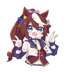 Rule 34 | 1girl, :d, animal ears, blue eyes, blush, brown hair, brown vest, commentary request, cropped torso, double v, hair between eyes, hands up, highres, horse ears, jacket, long hair, looking at viewer, multicolored hair, navel, nozo (hitomiz), open clothes, open jacket, open mouth, ponytail, sidelocks, simple background, smile, solo, streaked hair, tokai teio (umamusume), umamusume, upper body, v, very long hair, vest, white background, white hair, white jacket, wrist cuffs