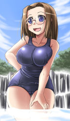Rule 34 | 00s, 1girl, blue eyes, breasts, brown eyes, brown hair, cameltoe, curvy, glasses, hip focus, kamichu!, large breasts, one-piece swimsuit, school swimsuit, shijou mitsue, short hair, solo, submerged, swimsuit, thigh gap, thighs, tonpuu, wading, water, wide hips