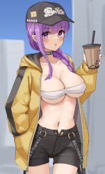 Rule 34 | 1girl, bandeau, baseball cap, bb (fate), bb (fate) (all), bb (swimsuit mooncancer) (fate), black hat, black shorts, blush, braid, braided ponytail, breasts, bubble tea, choker, cleavage, collarbone, commentary request, cup, disposable cup, drinking straw, fate/grand order, fate (series), hat, jacket, kopaka (karda nui), large breasts, long hair, long sleeves, looking at viewer, navel, open clothes, open jacket, open mouth, purple eyes, purple hair, shorts, solo, thighs, very long hair, yellow jacket