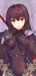 Rule 34 | 1girl, armor, bodysuit, breasts, covered navel, fate/grand order, fate (series), hair between eyes, hand on own shoulder, long hair, looking at viewer, medium breasts, open mouth, pauldrons, pink eyes, polearm, purple bodysuit, purple hair, scathach (fate), shoulder armor, shovelwell, solo, spear, very long hair, weapon