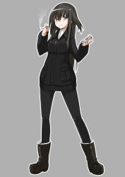 Rule 34 | 1girl, bad id, bad pixiv id, black hair, blue eyes, boots, cigarette, elizabeth f. beurling, full body, grey background, long hair, military, military uniform, nacl, pantyhose, shokuen shiwe, simple background, solo, strike witches, strike witches: suomus misfits squadron, uniform, world witches series