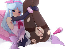 Rule 34 | 10s, 1girl, bad id, bad pixiv id, black pantyhose, blue eyes, blue hair, blush, censored, hairband, happinesscharge precure!, heart, hosshiwa, legs up, long hair, looking at viewer, matching hair/eyes, mogiki hayami, pantyhose, precure, pussy, simple background, solo, thighband pantyhose, torn clothes, torn pantyhose, white background