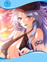 Rule 34 | 1girl, artist request, black one-piece swimsuit, blush, breasts, brionac (phantom of the kill), cleavage, criss-cross halter, facial mark, forehead mark, framed image, halterneck, hat, highres, jewelry, large breasts, long hair, official art, one-piece swimsuit, open mouth, phantom of the kill, purple eyes, silver hair, smile, swimsuit