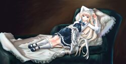 Rule 34 | 1girl, absurdres, arms behind head, blonde hair, blue eyes, character request, couch, dress, dungeon and fighter, elf, fantasy, fine art parody, highres, la maja vestida, long hair, looking at viewer, maid, mixed-language commentary, parody, pillow, pointy ears, resting, shoes, socks, style parody, uniform, user tyzp4472, very long hair, white socks