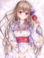 Rule 34 | 1girl, bed sheet, blush, breasts, brown hair, candy apple, commentary request, floral print, flower, food, groin, hair between eyes, hair flower, hair ornament, highres, holding, holding food, japanese clothes, kimono, long sleeves, looking at viewer, maeda shiori, medium breasts, obi, out-of-frame censoring, parted lips, print kimono, purple flower, red eyes, sash, solo, sousouman, twinbox school, white flower, white kimono, wide sleeves