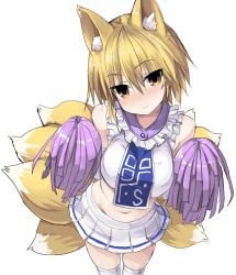 Rule 34 | 1girl, adapted costume, alternate costume, animal ears, bare shoulders, blonde hair, blush, breasts, cheerleader, cowboy shot, crop top, dress, elbow gloves, female focus, fox ears, fox tail, frills, gloves, greatmosu, groin, hair between eyes, large breasts, light smile, looking at viewer, md5 mismatch, midriff, miniskirt, multiple tails, navel, no headwear, plaid, plaid skirt, pom pom (cheerleading), resized, resolution mismatch, shirt, short hair, simple background, skirt, skirt set, sleeveless, sleeveless shirt, smile, solo, source larger, tail, thighhighs, touhou, white background, white gloves, white shirt, white thighhighs, yakumo ran, yellow eyes, zettai ryouiki