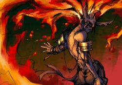 Rule 34 | 1boy, armor, bara (totocos), bare shoulders, burning, closed mouth, embers, closed eyes, fiery hair, fire, gold, highres, horns, long hair, male focus, mask, original, sketch, skull, skull mask, solo, upper body, very long hair