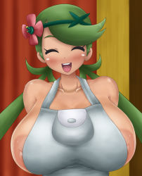 Rule 34 | 1girl, apron, blush, borushichi (pixiv29850973), breasts, covered erect nipples, creatures (company), dark-skinned female, dark skin, female focus, flower, game freak, green hair, hair flower, hair ornament, highres, huge breasts, large areolae, long hair, mallow (pokemon), nintendo, nipples, open mouth, pokemon, pokemon sm, puffy nipples, shiny skin, solo, twintails