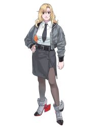Rule 34 | 1girl, belt, black belt, black footwear, black jacket, black necktie, bloom, closed mouth, collared shirt, commentary, grey eyes, grey footwear, grey jacket, grey skirt, hand on own hip, high heels, highres, hornet (kancolle), jacket, kantai collection, light smile, long sleeves, looking at viewer, medium hair, necktie, ojipon, open clothes, open jacket, pantyhose, parted bangs, pencil skirt, shirt, simple background, skirt, smile, solo, standing, symbol-only commentary, wavy hair, white background, white shirt