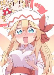 Rule 34 | 1girl, :d, :q, arrow (symbol), blonde hair, blue eyes, blush, breast expansion, breasts, capelet, dress, fairy wings, grabbing own breast, hair between eyes, hat, highres, large breasts, lily white, long hair, mushroom, nose blush, open mouth, red sash, sash, smile, sparkling eyes, sweatdrop, tongue, tongue out, touhou, white capelet, white dress, white headwear, wings, yutamaro, | |