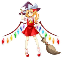 Rule 34 | 1girl, bad id, bad pixiv id, black hat, blonde hair, borrowed clothes, bow, broom, fang, fang out, female focus, flandre scarlet, full body, hair bow, hand on headwear, hand on own hip, hat, headwear switch, hip focus, legs apart, mary janes, miya (tsumazukanai), one side up, orange eyes, ponytail, ribbon, shoes, short hair, side ponytail, simple background, smile, socks, solo, standing, touhou, white background, white socks, wings, witch hat, wrist cuffs