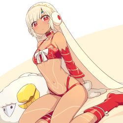 Rule 34 | 1girl, altera (fate), altera the santa (fate), bare shoulders, belt bra, blunt bangs, boots, bra, breasts, bright pupils, chan co, choker, closed mouth, commentary request, dark-skinned female, dark skin, detached sleeves, dutch angle, earmuffs, fate/grand order, fate (series), looking at viewer, mittens, navel, panties, red bra, red eyes, red footwear, red panties, ringed eyes, sheep, short hair, silver hair, sitting, small breasts, solo, underwear, veil, white mittens