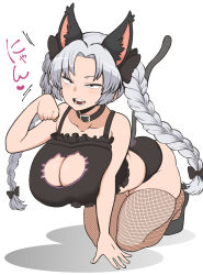 Rule 34 | 1girl, absurdres, animal ears, arm support, braid, breasts, cat cutout, cat ears, cat lingerie, cat tail, cleavage, cleavage cutout, clothing cutout, commentary request, cosplay, fishnet thighhighs, fishnets, full body, heart, high contrast, highres, himajin noizu, kaenbyou rin, kaenbyou rin (cosplay), large breasts, long hair, meme attire, monochrome, open mouth, parted bangs, paw pose, simple background, solo, tail, thighhighs, touhou, twin braids, yagokoro eirin