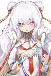 Rule 34 | 1girl, azur lane, blue eyes, bow, cape, chromatic aberration, commentary request, covered collarbone, double bun, hair bow, hair bun, hair ribbon, hand up, highres, holding, holding sword, holding weapon, le malin (azur lane), long hair, long sleeves, nyucha, parted lips, partial commentary, red bow, red ribbon, ribbon, shirt, shoulder pads, sidelocks, simple background, solo, sword, upper body, weapon, weapon request, white background, white cape, white hair, white shirt