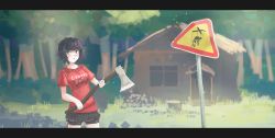 Rule 34 | 1girl, axe, blue eyes, blurry, blush, depth of field, forest, grass, highres, letterboxed, mr very, nature, original, parted lips, road sign, short hair, shorts, sign, solo, tree, weapon