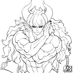 Rule 34 | 1boy, abs, asterios (fate), black nails, black sclera, colored sclera, cow horns, fate/grand order, fate (series), greyscale, highres, horns, jamrolypoly, jojo no kimyou na bouken, jojo pose, long hair, looking at viewer, male focus, monochrome, muscular, nail polish, navel, nipples, simple background, solo, upper body, white background
