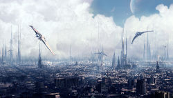 Rule 34 | 3d, building, canal, city, cityscape, cloud, cloudy sky, dome, highres, jfliesenborghs, lake, no humans, original, planet, scenery, science fiction, sky, skyscraper, spacecraft, star (sky), starfighter, tower