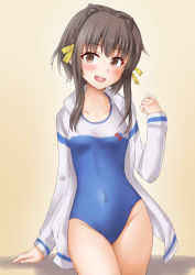 Rule 34 | 1girl, alternate costume, anti (untea9), black hair, blue one-piece swimsuit, breasts, brown background, brown eyes, collarbone, competition swimsuit, covered navel, cowboy shot, gradient background, hair between eyes, hair ribbon, high school fleet, highres, jacket, kantai collection, long sleeves, looking at viewer, one-piece swimsuit, open clothes, open jacket, open mouth, ribbon, short hair, short hair with long locks, sitting, small breasts, smile, solo, swimsuit, track jacket, twitter username, two-tone swimsuit, ukuru (kancolle), white jacket, white one-piece swimsuit, yellow ribbon