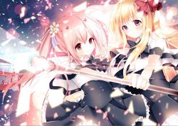 Rule 34 | 2girls, blonde hair, blush, bow, capelet, flower, hair bow, hair flower, hair ornament, horns, juuoumujin no fafnir, kabako (lilypicture410v), light particles, lisa highwalker, long hair, looking at viewer, multiple girls, pink hair, polearm, purple eyes, red bow, red eyes, smile, spear, tear lightning, twintails, weapon