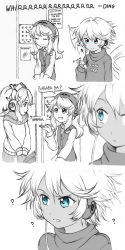 Rule 34 | 10s, 3girls, 3koma, ?, blue eyes, blurry, clothes writing, comic, croire, depth of field, dual persona, english text, fairy, fairy wings, greyscale, hair ornament, headphones, highres, histoire, isaki tanaka, looking at another, md5 mismatch, monochrome, multiple girls, musical note, neptune (series), short hair, signature, spot color, wings