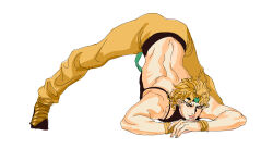 Rule 34 | 1boy, ashva, ass, back, blonde hair, bracelet, dio brando, highres, jack-o&#039; challenge, jacket, jewelry, jojo no kimyou na bouken, looking at viewer, male focus, meme, muscular, muscular male, pants, pointy footwear, smile, solo, stardust crusaders, top-down bottom-up, white background, yellow pants