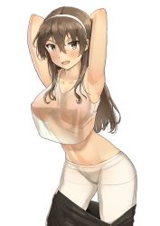 Rule 34 | 1girl, arms behind head, ashigara (kancolle), bad id, bad pixiv id, breasts, brown eyes, brown hair, clothes pull, crop top, crop top overhang, hairband, highres, kantai collection, long hair, md5 mismatch, medium breasts, osananajimi neko, pantyhose, resolution mismatch, simple background, skirt, skirt pull, solo, standing, wavy hair, white background, white pantyhose