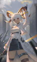 Rule 34 | 1girl, absurdres, animal ears, arknights, bilibilida, black gloves, black skirt, breasts, building, carnelian (arknights), city, coat, commentary request, dark-skinned female, dark skin, day, gloves, goat ears, goat girl, goat horns, highres, holding, holding sword, holding weapon, horns, index finger raised, infection monitor (arknights), long sleeves, looking at viewer, medium breasts, miniskirt, mixed-language commentary, open clothes, open coat, outdoors, parted lips, pencil skirt, red eyes, short hair, silver hair, skirt, smile, solo, standing, sword, thigh strap, thighlet, underbust, v-shaped eyebrows, weapon, white coat