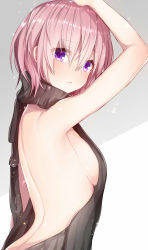 Rule 34 | 1girl, akiran&#039;nu, arched back, arms up, backless dress, backless outfit, bare back, black sweater, blush, breasts, dress, expressionless, fate/grand order, fate (series), from side, hair between eyes, halterneck, highres, light purple hair, looking at viewer, mash kyrielight, medium breasts, meme attire, naked sweater, parted lips, pink hair, purple eyes, ribbed sweater, shade, short hair, sideboob, solo, sweater, sweater dress, turtleneck, turtleneck sweater, upper body, virgin killer sweater