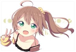 Rule 34 | 1girl, :d, ahoge, bare shoulders, black camisole, blush, brown hair, camisole, collarbone, green eyes, hair between eyes, hair ornament, hair scrunchie, highres, hololive, jacket, long hair, long sleeves, looking at viewer, natsuiro matsuri, natsuiro matsuri (matsuri&#039;s day off), off shoulder, okota mikan, open mouth, scrunchie, side ponytail, sleeves past wrists, smile, solo, strap slip, text background, virtual youtuber, white background, yellow jacket, yellow scrunchie