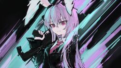 Rule 34 | 1girl, absurdres, animal ears, blazer, commentary, english commentary, english text, gun, highres, holding, holding gun, holding weapon, jacket, light smile, long hair, long sleeves, looking at viewer, necktie, purple eyes, purple hair, rabbit ears, rabbit girl, red necktie, reisen udongein inaba, rifle, sedl 04, solo, touhou, very long hair, weapon