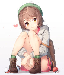 Rule 34 | 1girl, ass, bag, bare legs, blush, boots, brown eyes, brown footwear, brown hair, closed mouth, commentary request, convenient leg, creatures (company), cross-laced footwear, full body, game freak, gloria (pokemon), green hat, green socks, grey jacket, hat, head tilt, heart, highres, hood, hood down, hooded jacket, hugging own legs, jacket, knees up, lace-up boots, long sleeves, looking at viewer, miniskirt, nijihashi sora, nintendo, pink shirt, pink skirt, plaid, poke ball, poke ball (basic), pokemon, pokemon swsh, puffy sleeves, shadow, shirt, short hair, shoulder bag, skirt, smile, socks, solo, thighs, white background