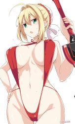 Rule 34 | 10s, 1girl, aestus estus, ahoge, blonde hair, blush, breasts, bun cover, covered erect nipples, cowboy shot, fate/extra, fate (series), flying sweatdrops, gluteal fold, green eyes, hair bun, hand on own hip, kichihachi, large breasts, navel, nero claudius (fate), nero claudius (fate) (all), nero claudius (fate/extra), official alternate costume, open mouth, simple background, single hair bun, slingshot swimsuit, solo, strap gap, sweatdrop, swimsuit, thigh gap, white background