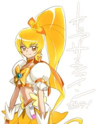 Rule 34 | 10s, 1girl, alternate hairstyle, bad id, bad pixiv id, blonde hair, bow, brooch, cure sunshine, female focus, heart, heart brooch, heartcatch precure!, jewelry, long hair, maeashi, magical girl, midriff, myoudouin itsuki, navel, orange eyes, orange skirt, ponytail, precure, simple background, skirt, smile, solo, very long hair, white background, yellow bow, yellow theme