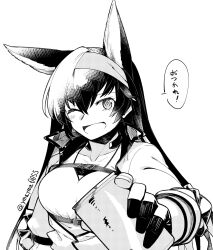 Rule 34 | 1girl, animal ears, arknights, arm at side, belt, blaze (arknights), blush, breasts, can, collarbone, gloves, greyscale, hairband, highres, jacket, long sleeves, medium breasts, monochrome, one eye closed, open clothes, open jacket, open mouth, reaching, reaching towards viewer, shirt, smile, solo, speech bubble, translation request, twitter username, upper body, yom (ymayma00ss)