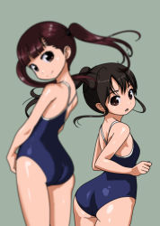 Rule 34 | 2girls, ass, blue one-piece swimsuit, blunt bangs, blurry, brown eyes, brown hair, competition school swimsuit, cowboy shot, depth of field, long hair, looking at viewer, multiple girls, one-piece swimsuit, original, ponytail, rohitsuka, school swimsuit, swept bangs, swimsuit, twintails